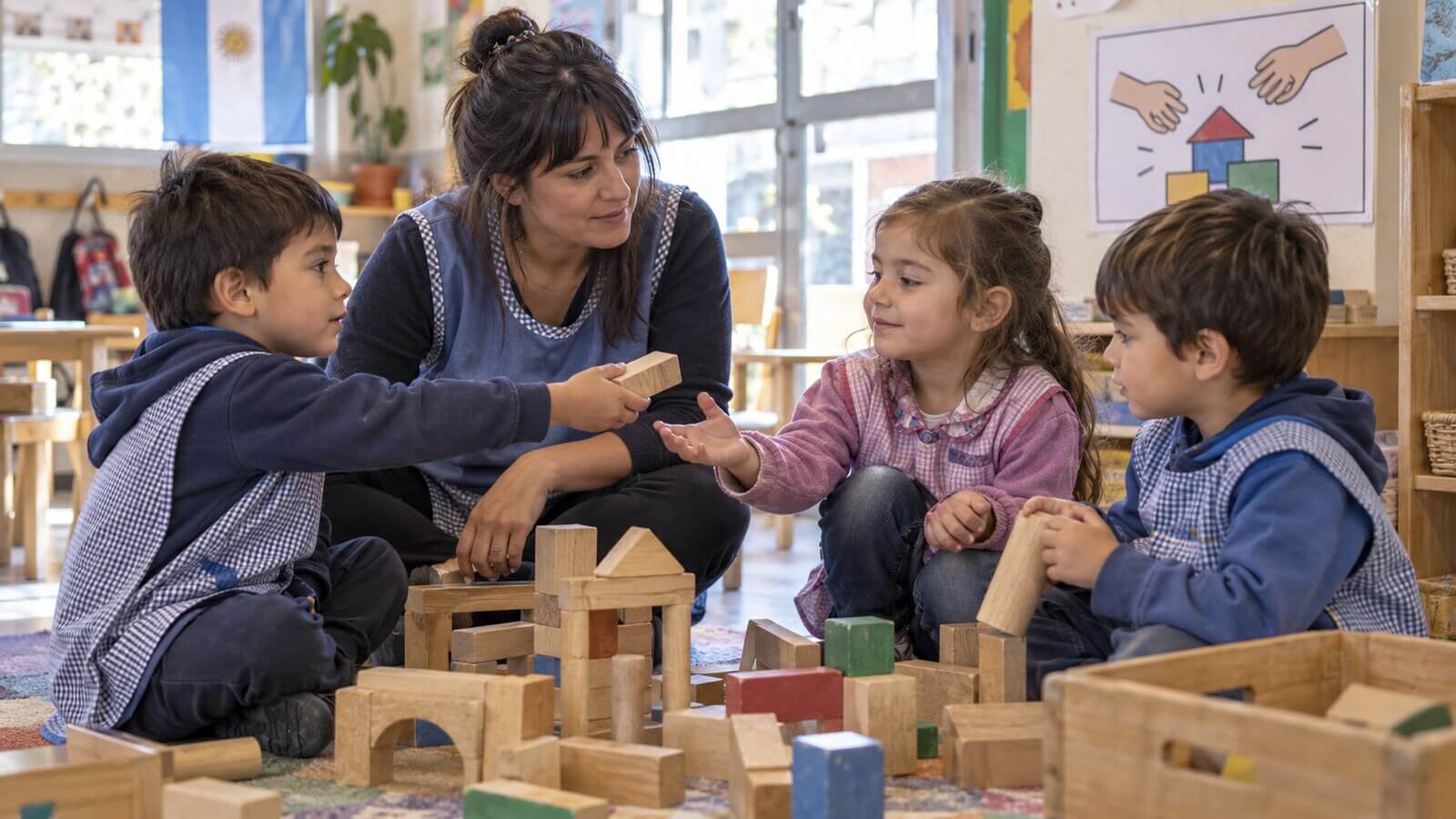 Docente acompaña a un grupo de niños que comparte bloques y practica acuerdos de convivencia