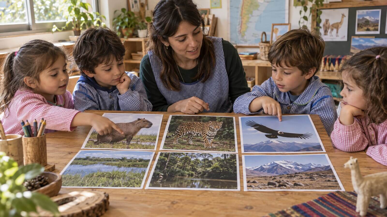 Escena ilustrativa de comparación de fauna argentina y ambientes
