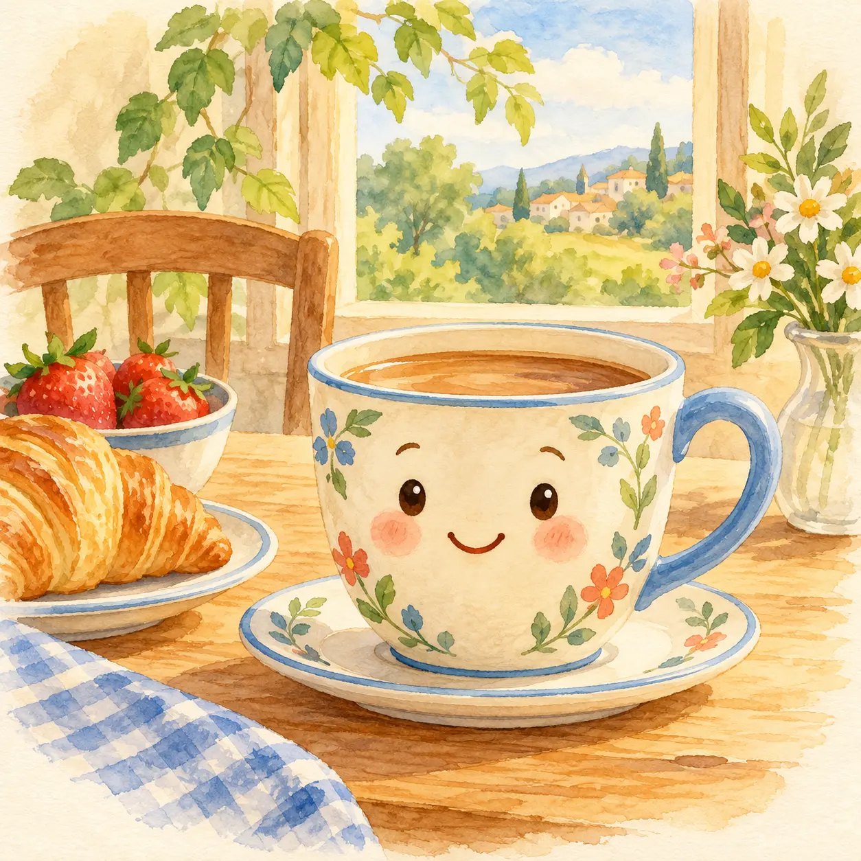 Taza con asa redonda sobre un platito de desayuno.