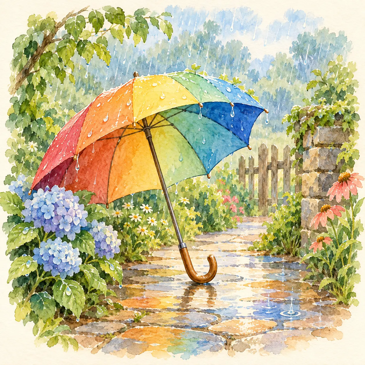 Paraguas abierto con mango curvo bajo una lluvia suave.