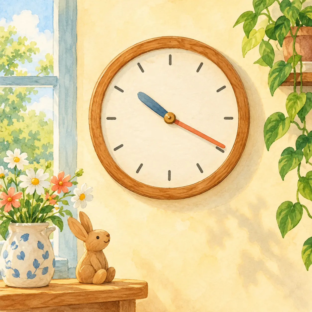 Reloj de pared con dos agujas y marcas alrededor de la esfera.