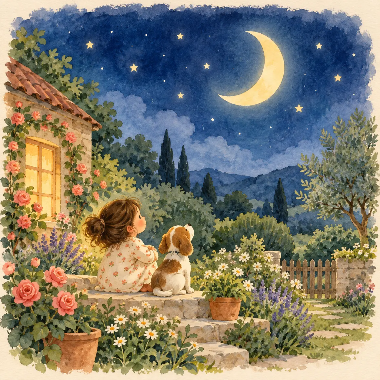 Luna creciente sobre un jardín tranquilo de noche. Luna creciente sobre un jardín tranquilo de noche.