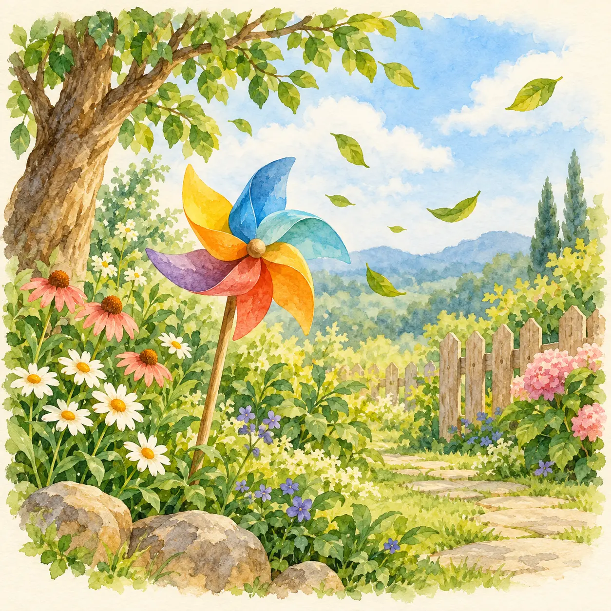 Hojas que se mueven y un molinete de colores al viento. Hojas que se mueven y un molinete de colores al viento.