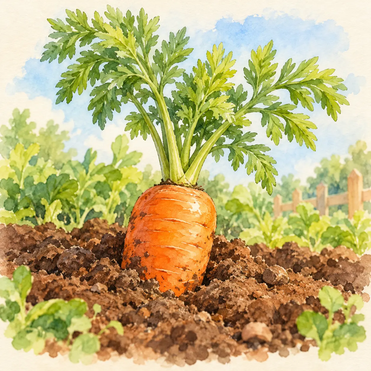 Zanahoria naranja con hojas verdes que asoma de la tierra.