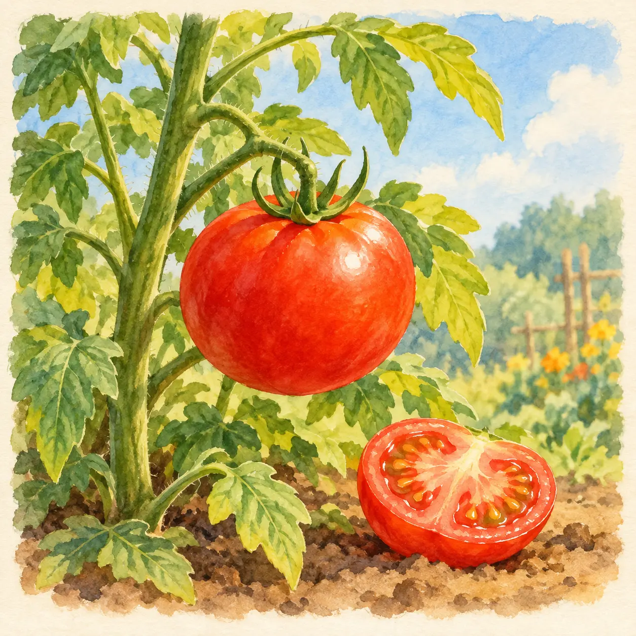 Tomate rojo en la planta y una mitad que muestra su interior.