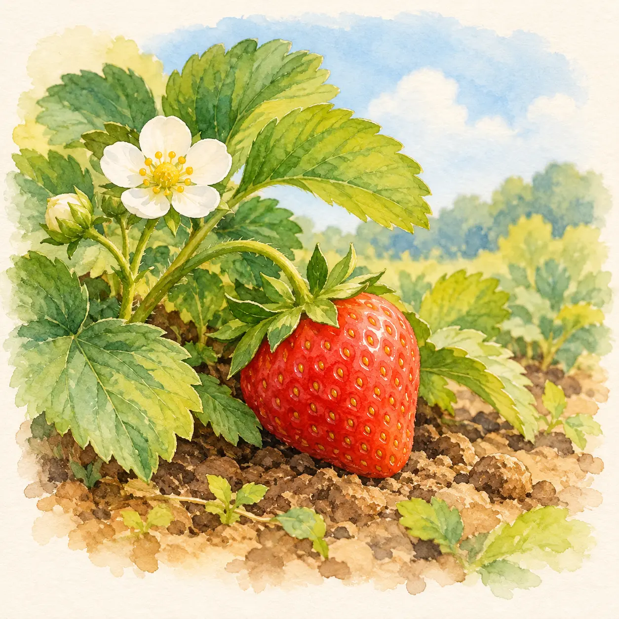 Frutilla roja madura junto a sus hojas y una flor blanca.