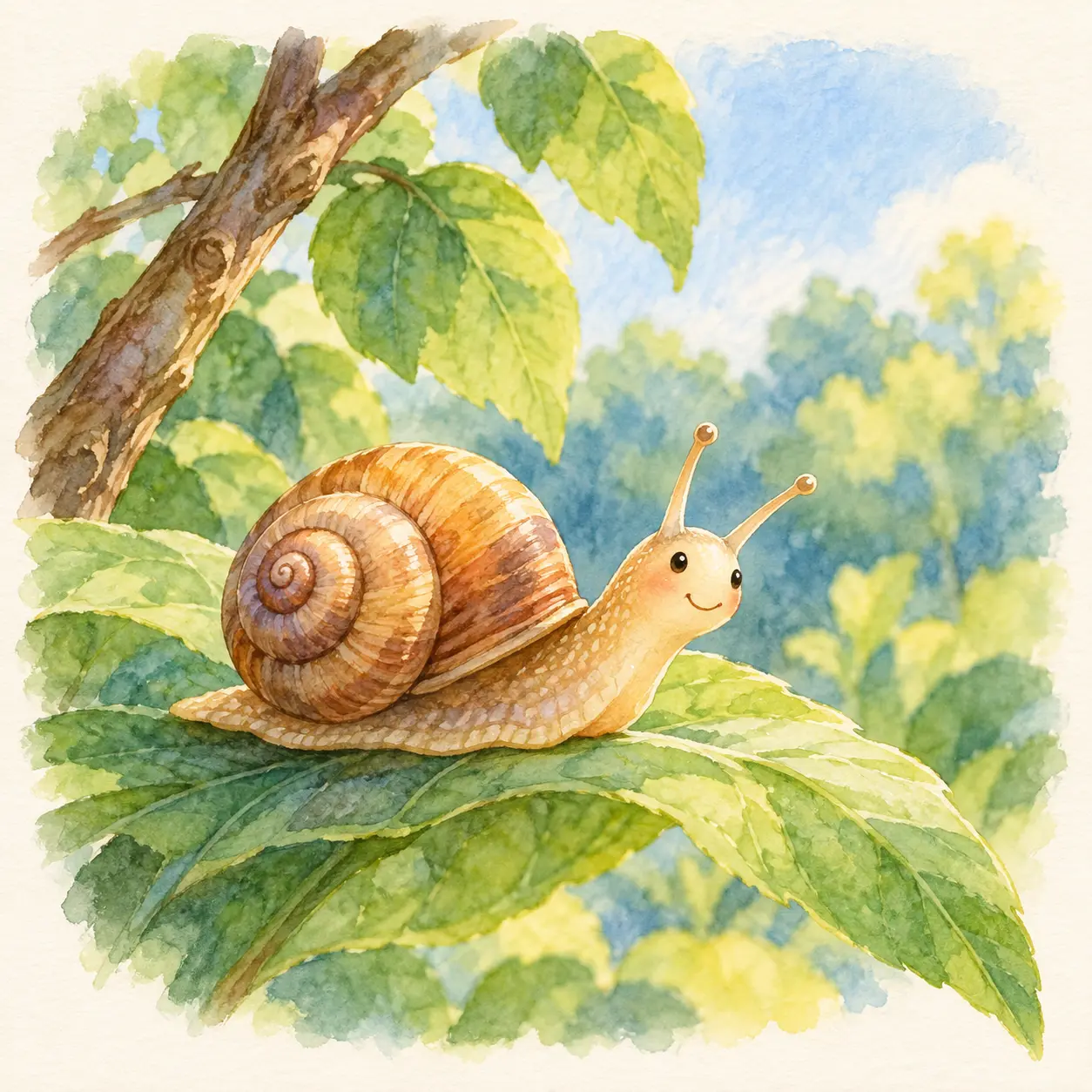 Caracol con caparazón sobre una hoja junto a una rama. Caracol con caparazón sobre una hoja junto a una rama.