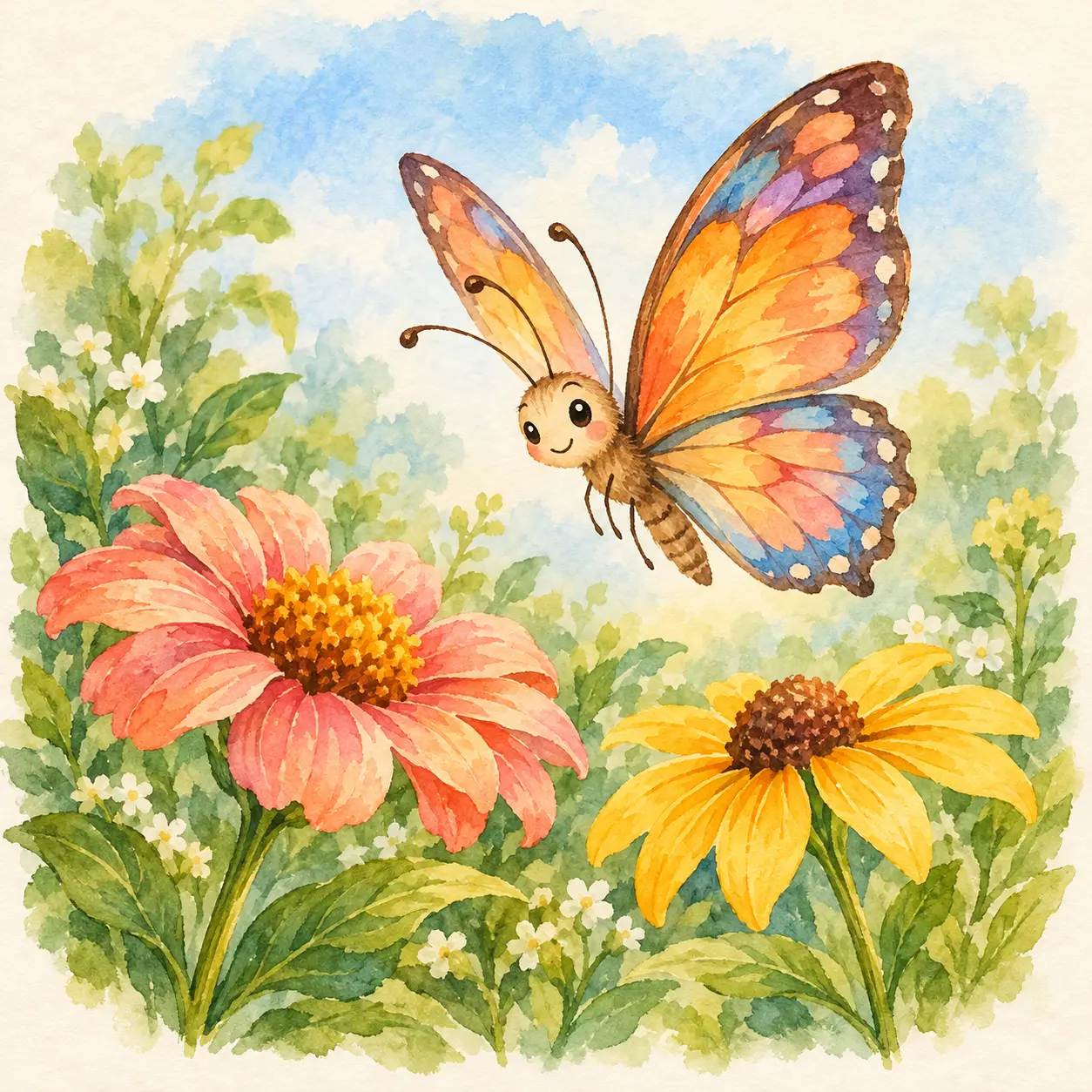 Mariposa de colores entre dos flores del jardín. Mariposa de colores entre dos flores del jardín.
