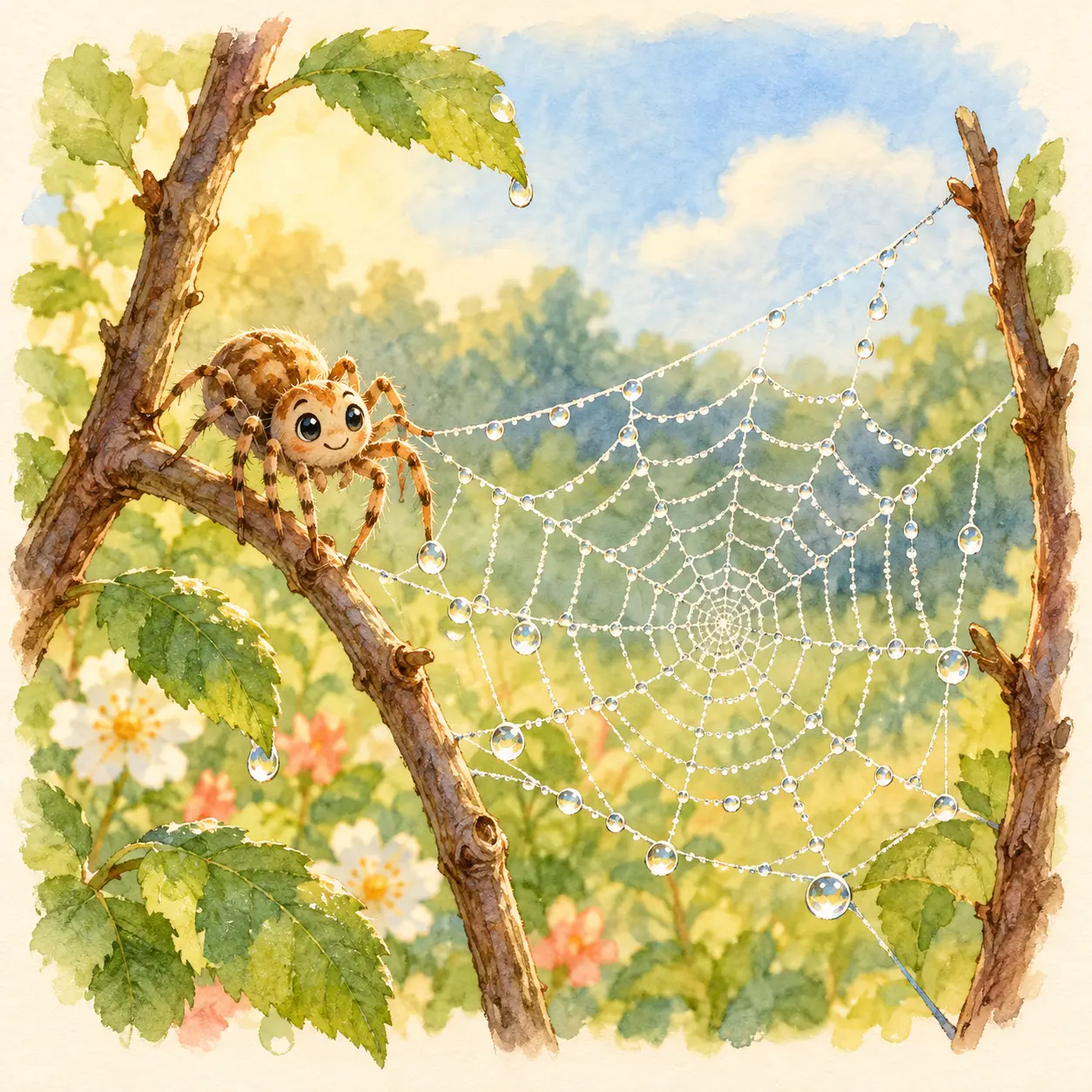 Araña junto a una telaraña con gotas entre dos ramitas. Araña junto a una telaraña con gotas entre dos ramitas.