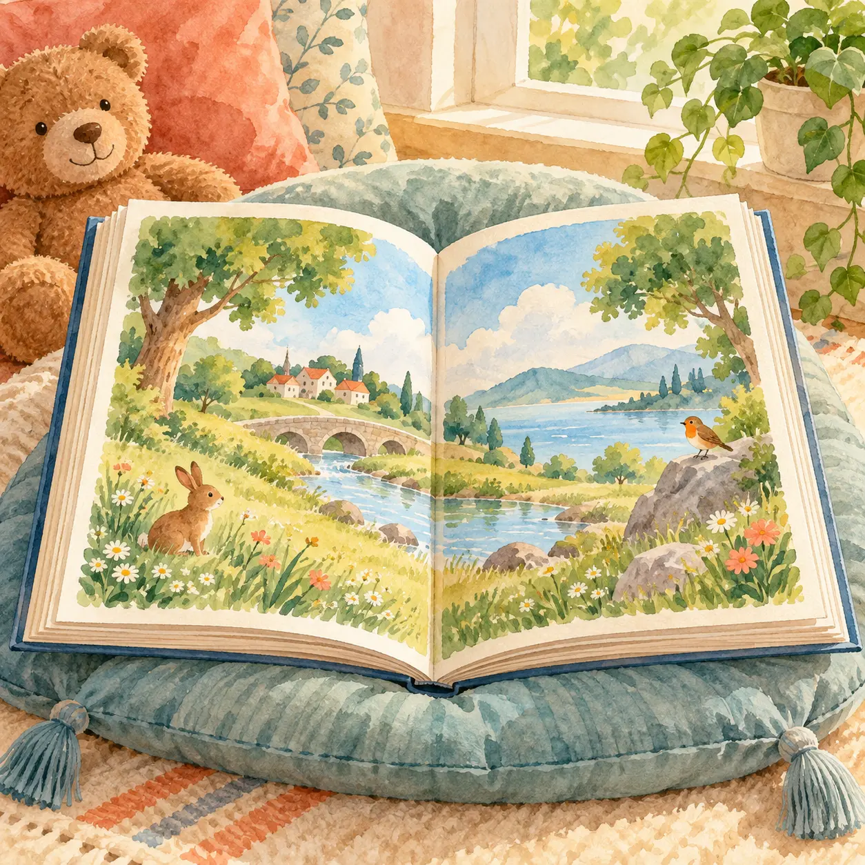 Libro ilustrado abierto sobre un almohadón de lectura.