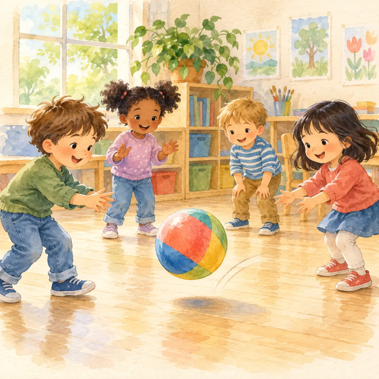 Pelota de goma de colores que rebota sobre el piso.