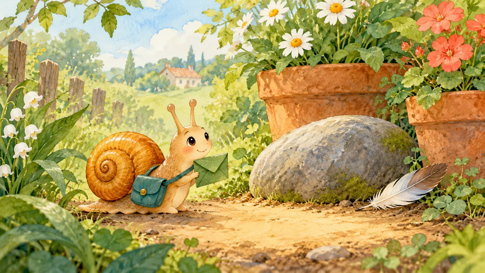 Nilo, el caracol cartero, llega a un lugar donde el charco se secó.