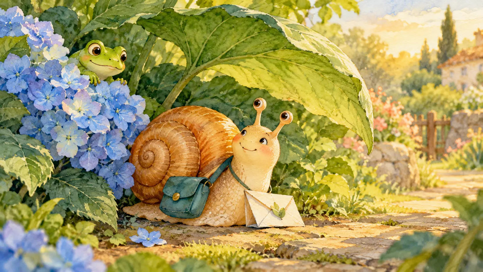 La rana Lila aparece entre las hortensias y encuentra a Nilo con la carta.