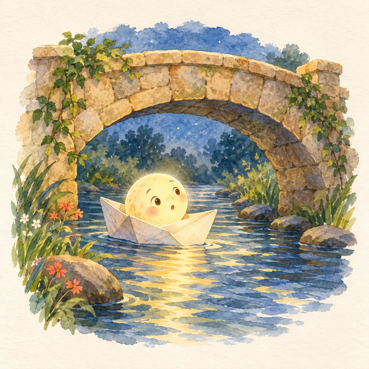 Barquito de papel que lleva una luna bajo un puente.
