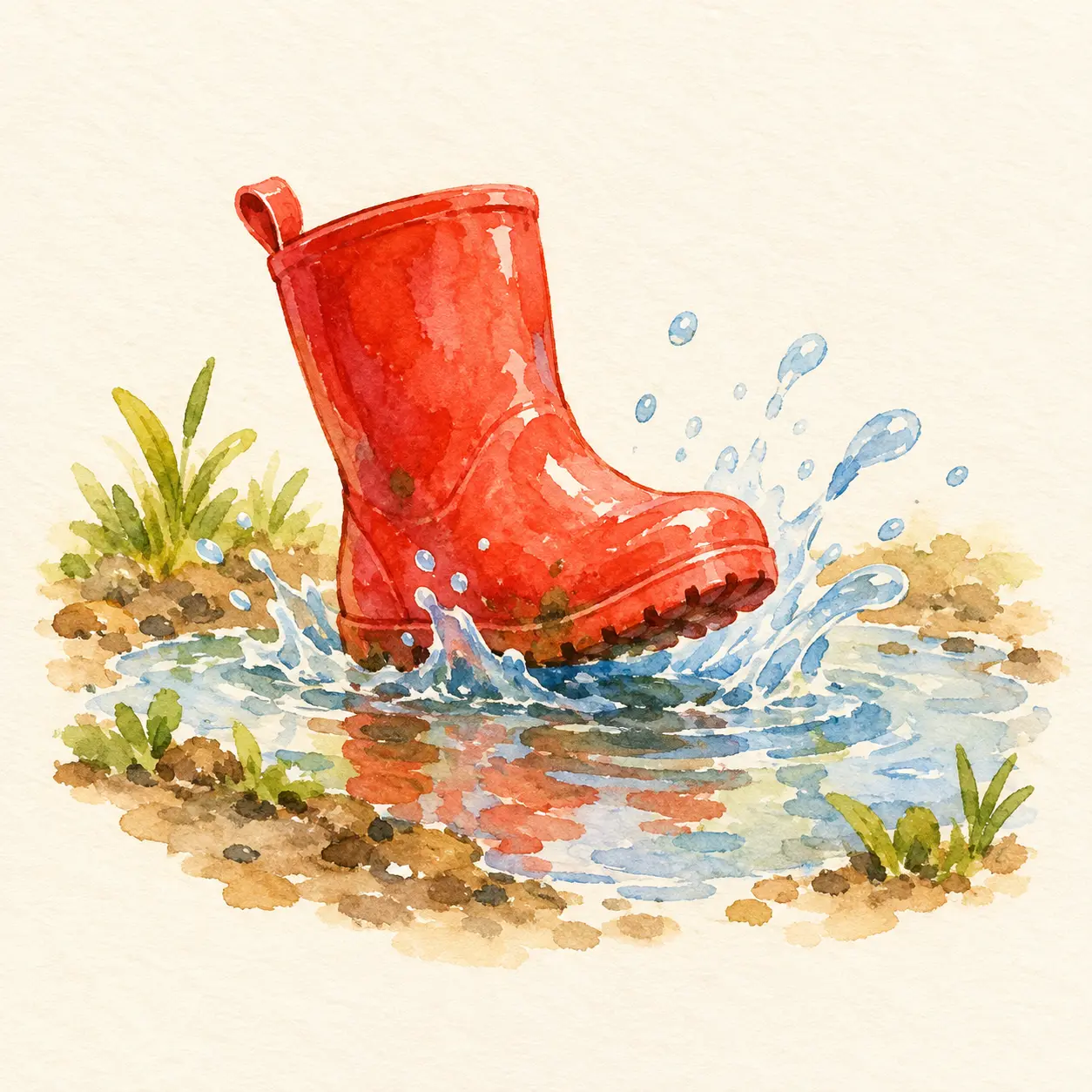 Bota colorada que salpica al borde de un charco.