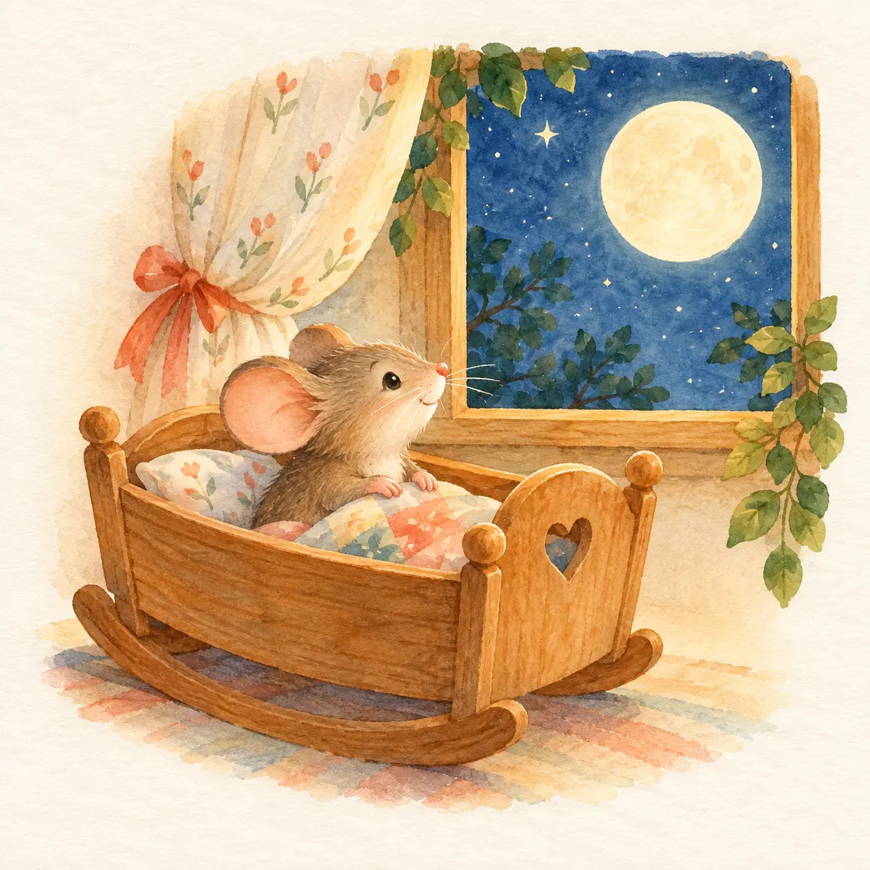 Ratón en una cuna mirando la luna.