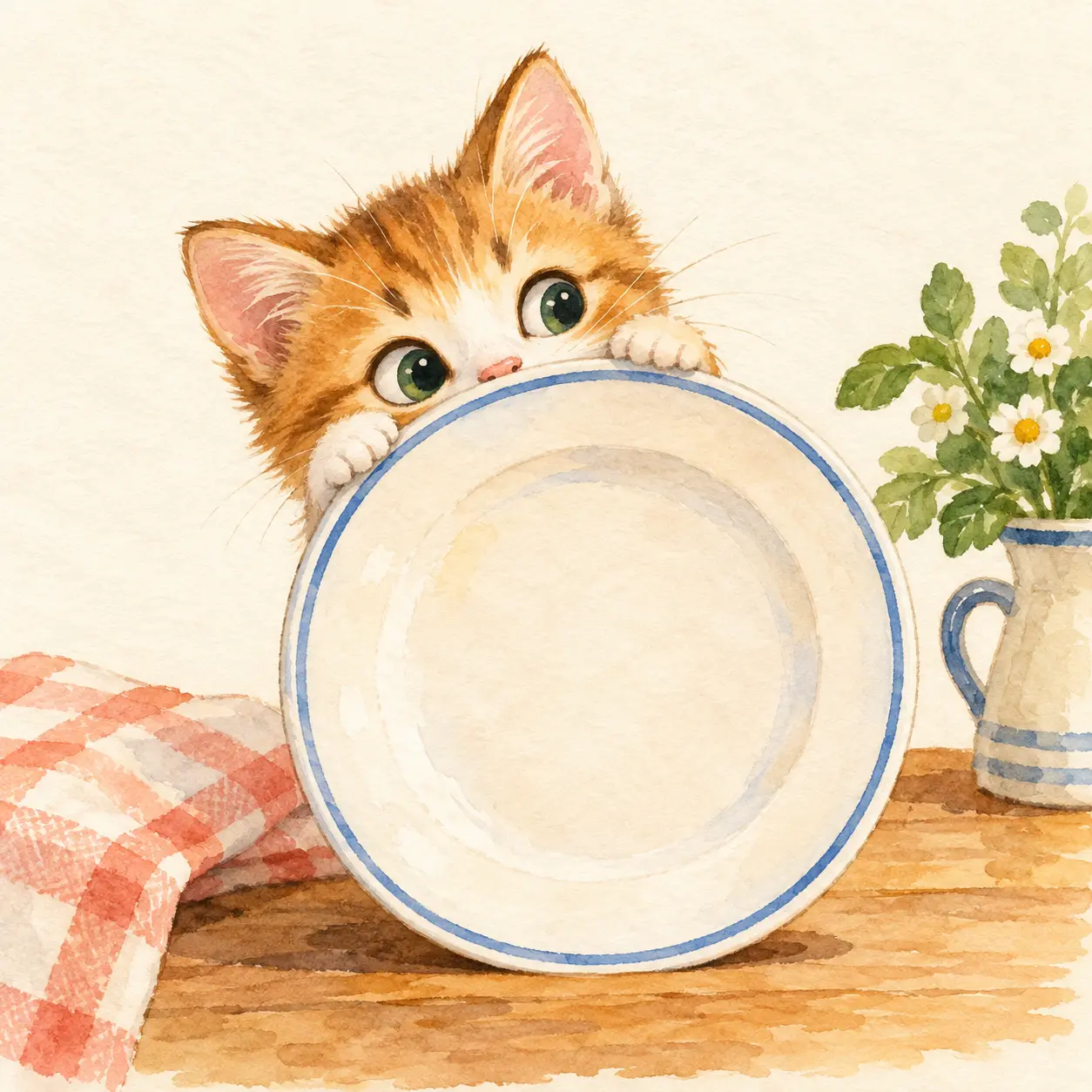 Gato curioso detrás de un plato.