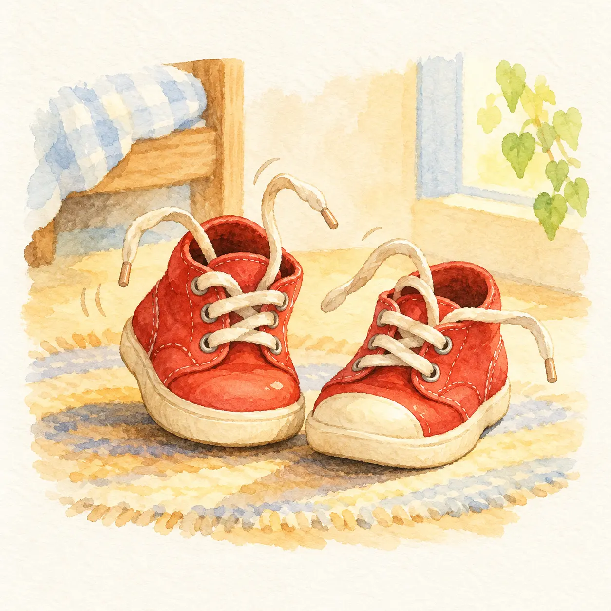 Par de zapatos colorados con cordones despeinados.