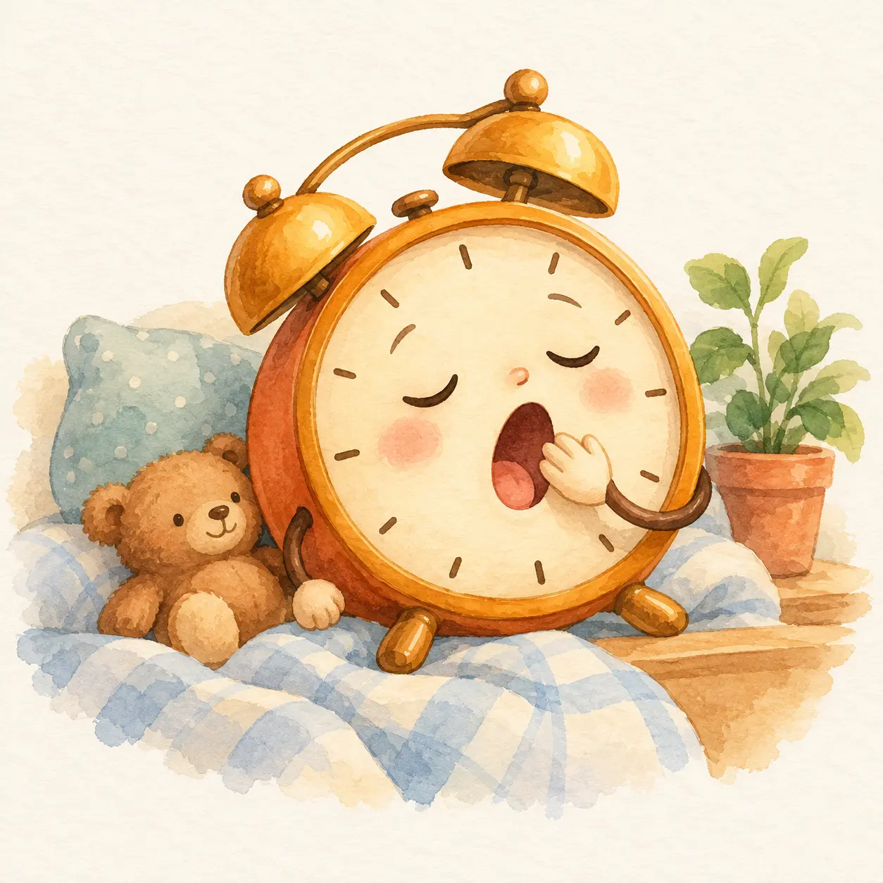 Reloj que bosteza con expresión de sueño.
