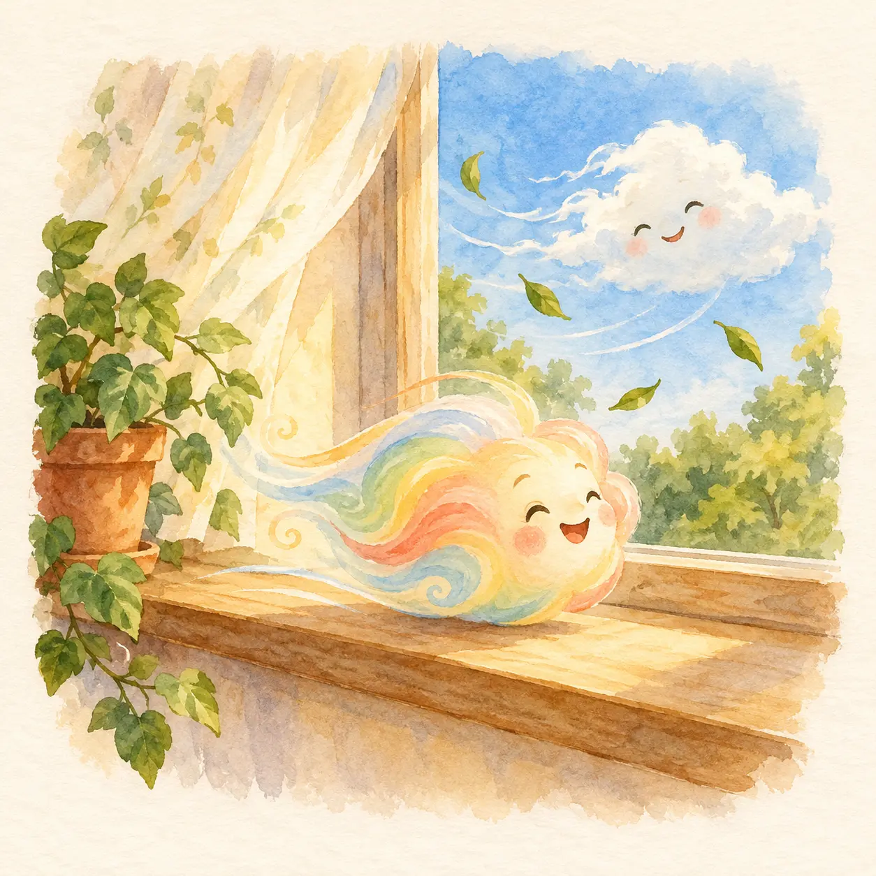 Sonido de colores en una ventana junto a una nube.