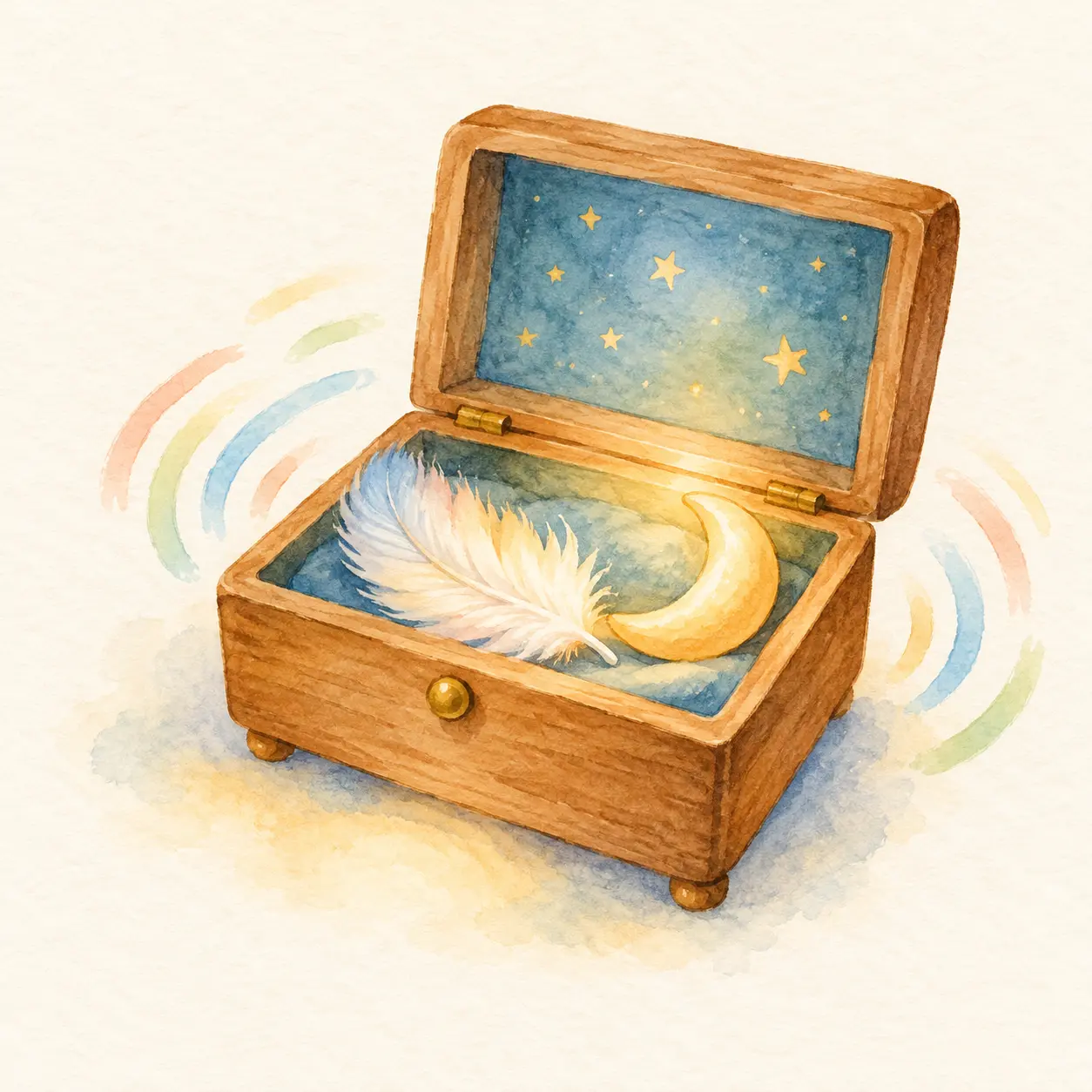 Caja abierta con una pluma y una media luna.