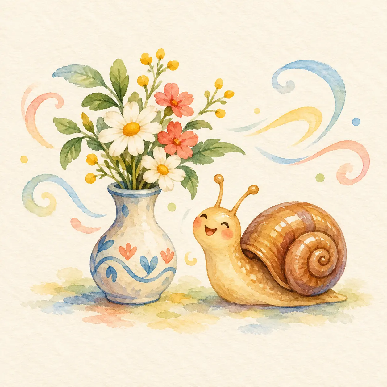 Florero y caracol entre suaves ondas de color.