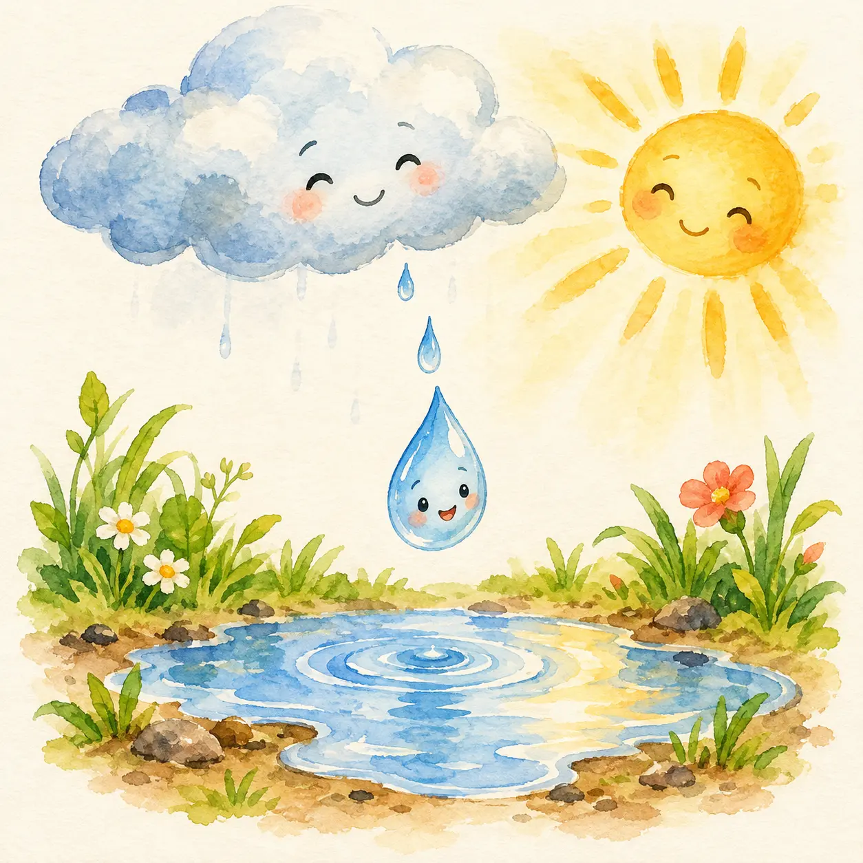 Gota de lluvia sobre un charco, con una nube y el sol.