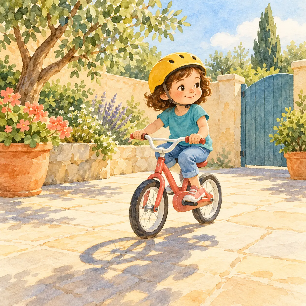 Chica con casco que pedalea junto a la sombra de su bicicleta.