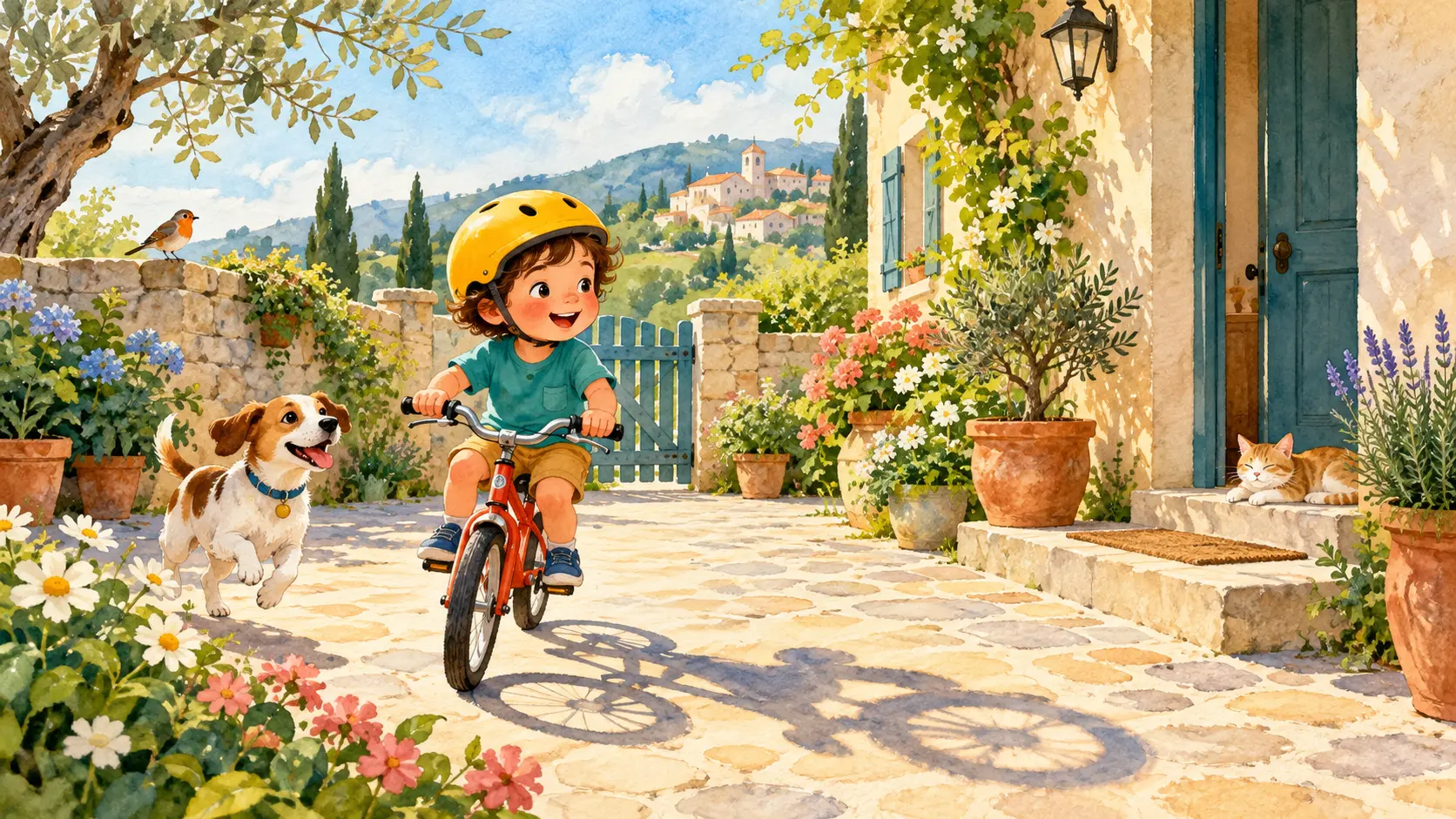 Chica con casco y bicicleta junto a su sombra en un patio.