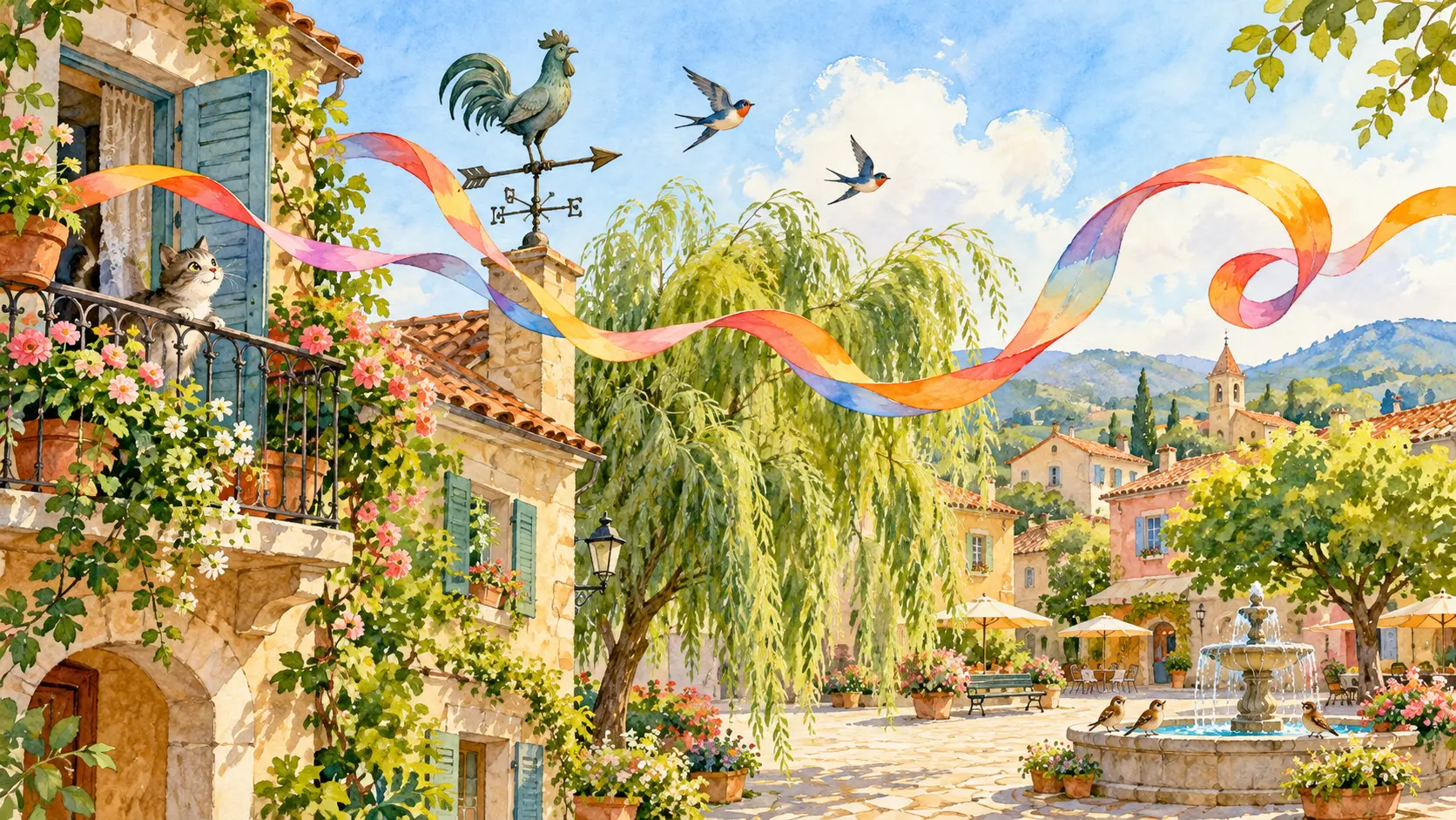 Cinta de colores que viaja con el viento por una plaza.