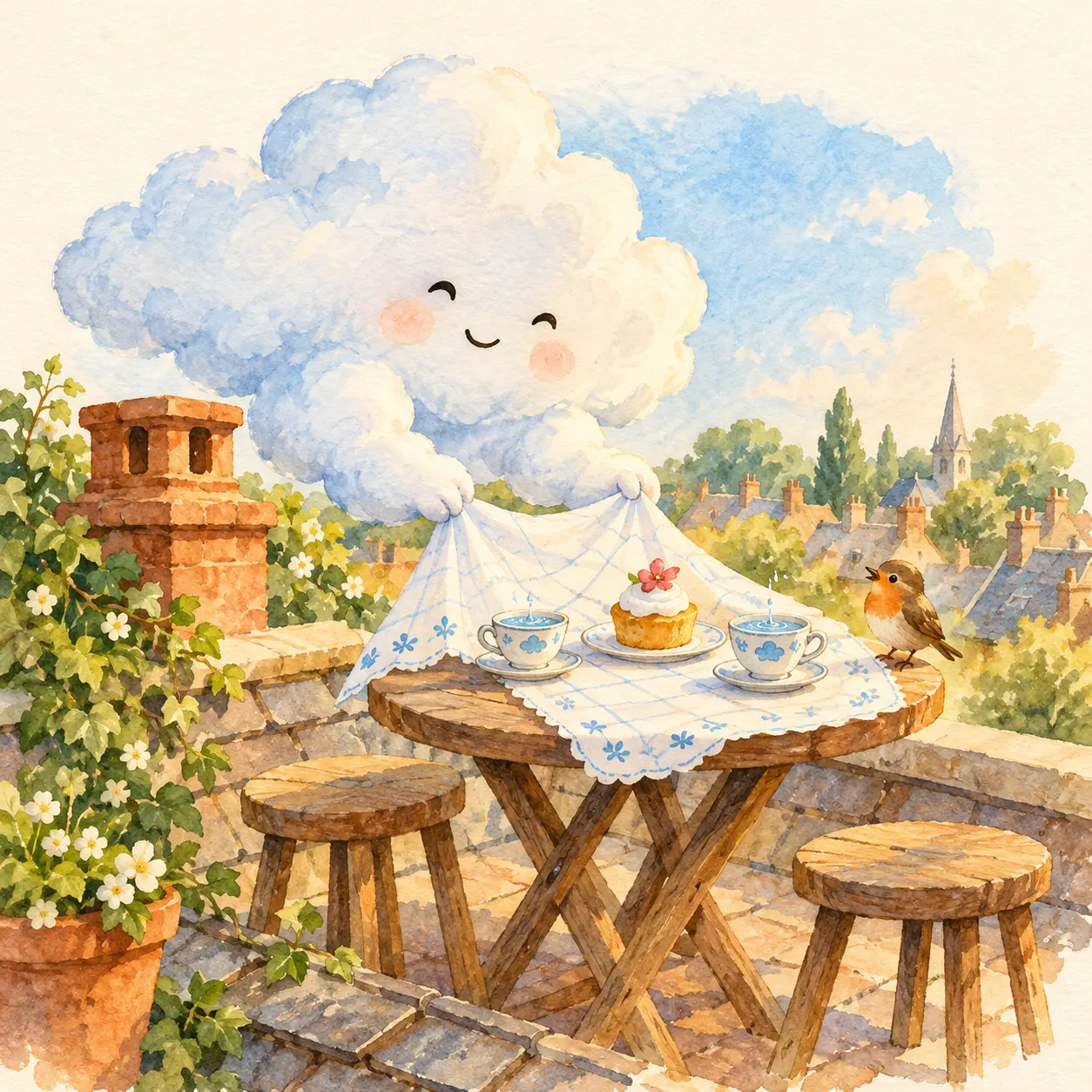 Nube que prepara una mesa con tazas y un bizcocho.