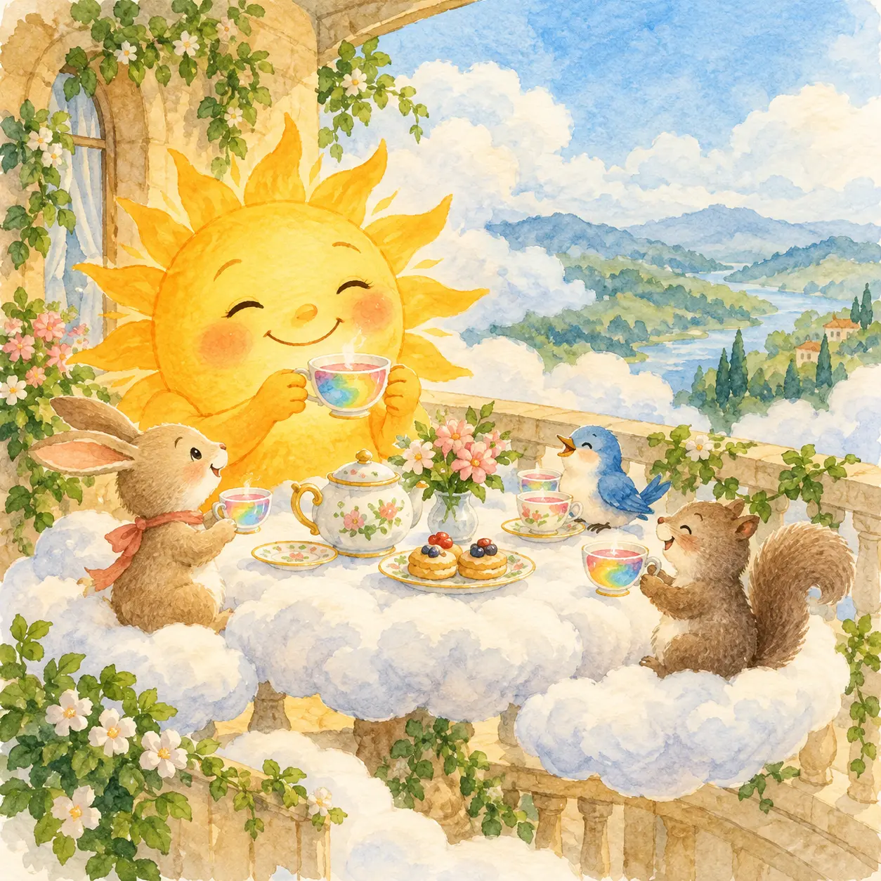 Sol invitado a tomar una merienda de arcoíris.
