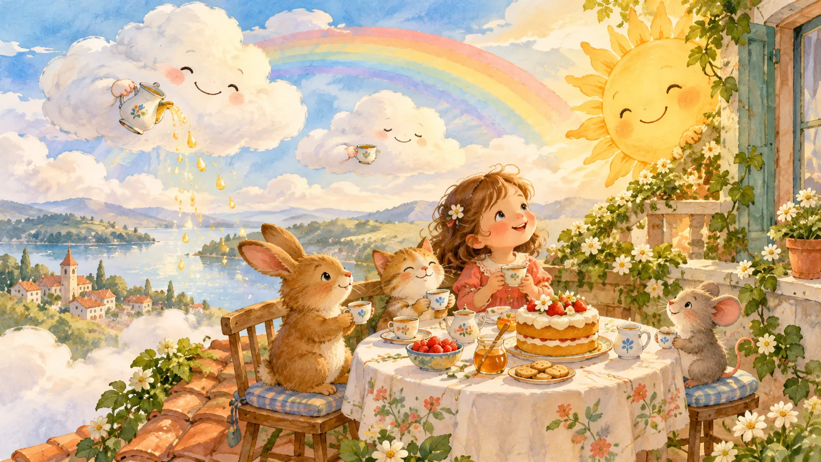 Merienda de nubes con el sol sobre un tejado.
