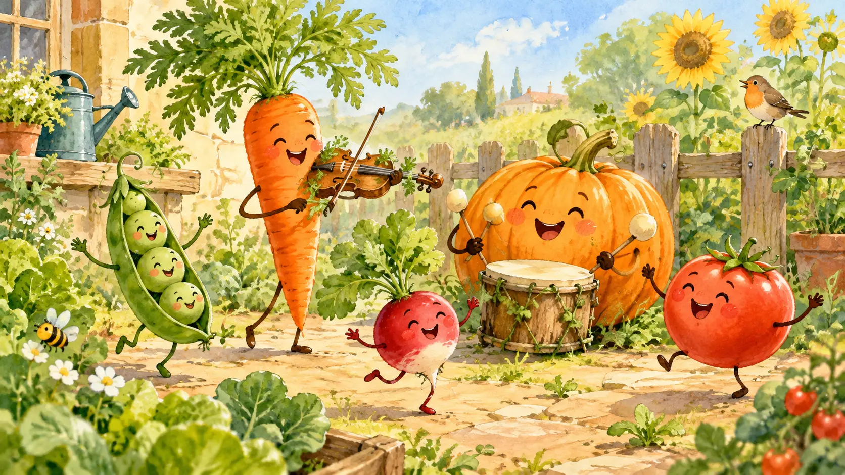 Orquesta de verduras en una huerta.