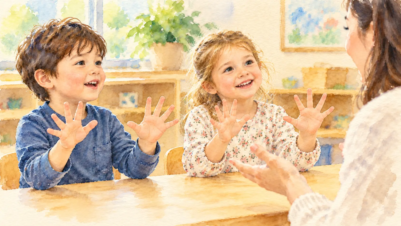 Ilustración en acuarela de dos chicos que juegan con gestos de las manos.