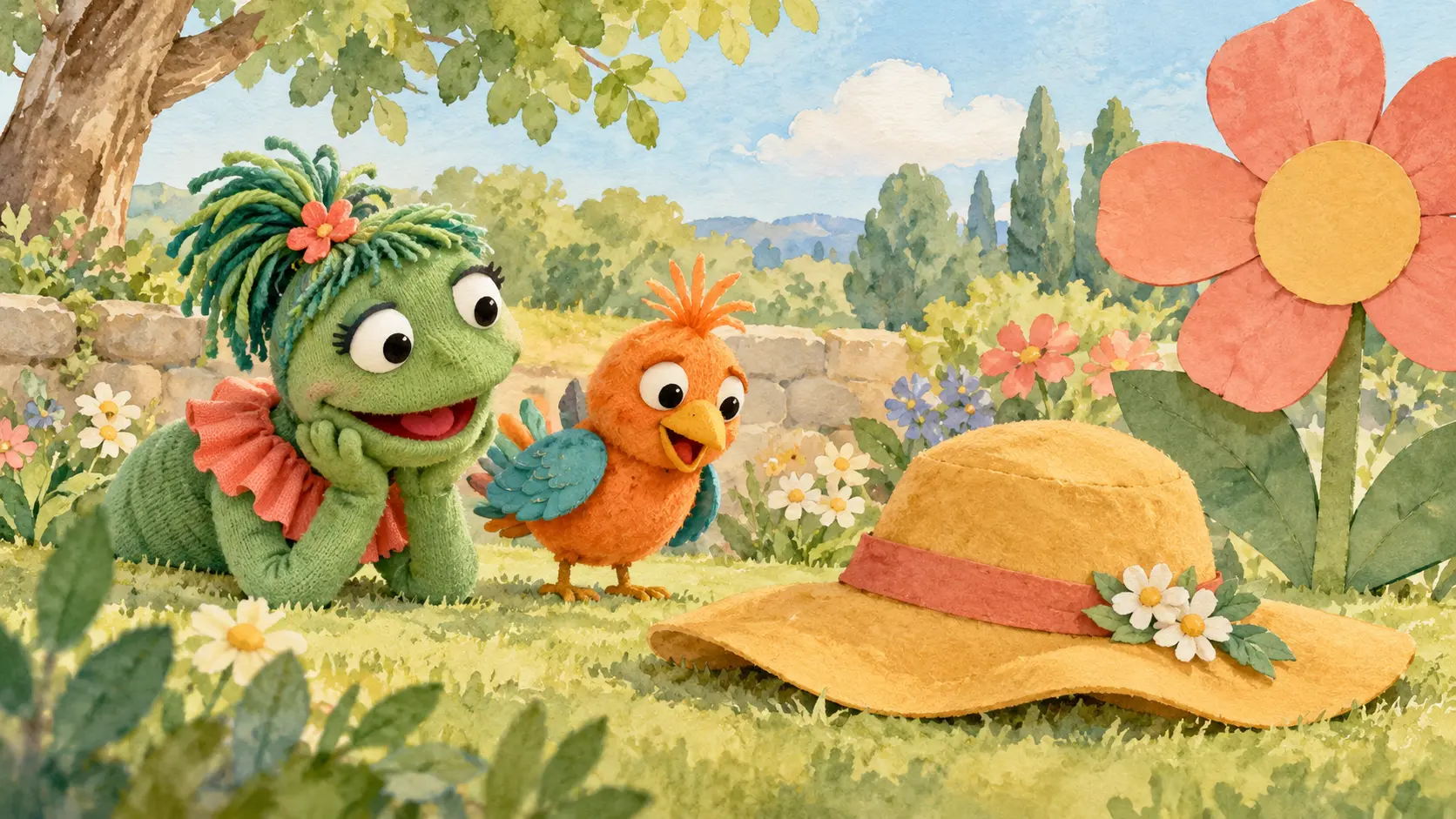Lola y Kiko encuentran un sombrero junto a una flor de cartón.