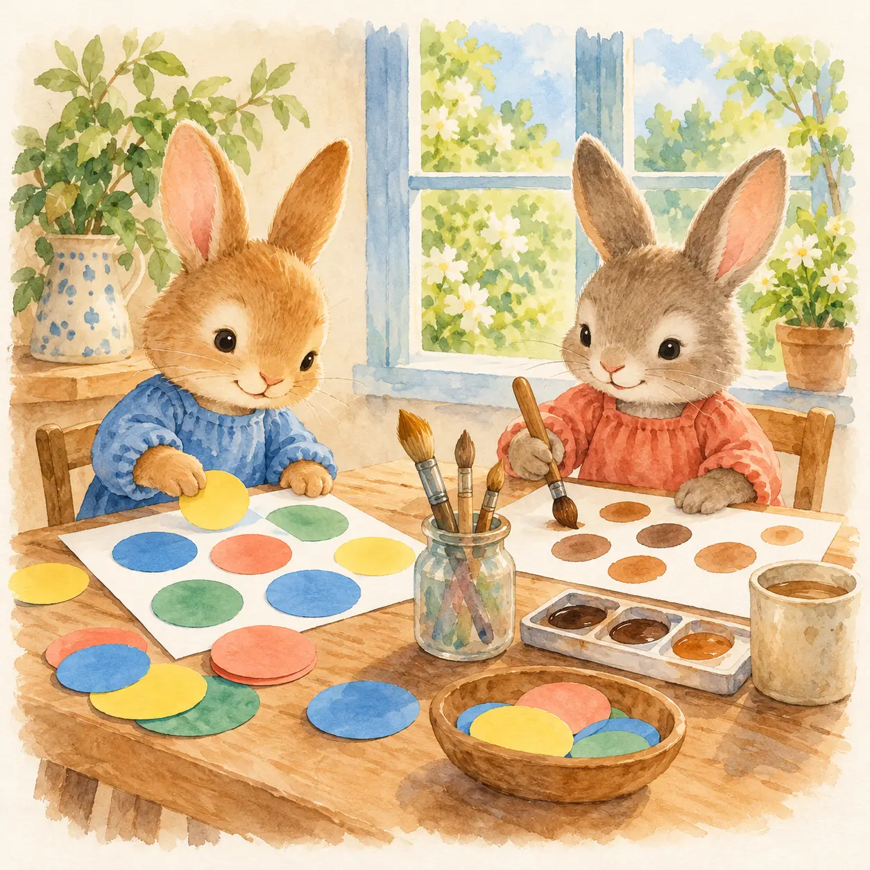 Dos conejitos hacen puntos con papeles y pintura sobre una mesa.
