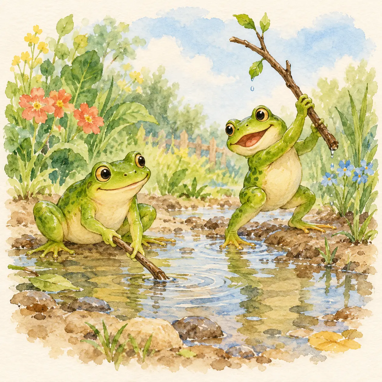 Dos ranas que mojan y levantan ramitas junto a un charco.