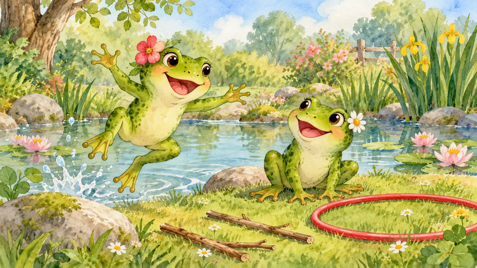 Ruedas, ranas y ramas: ilustración de portada.