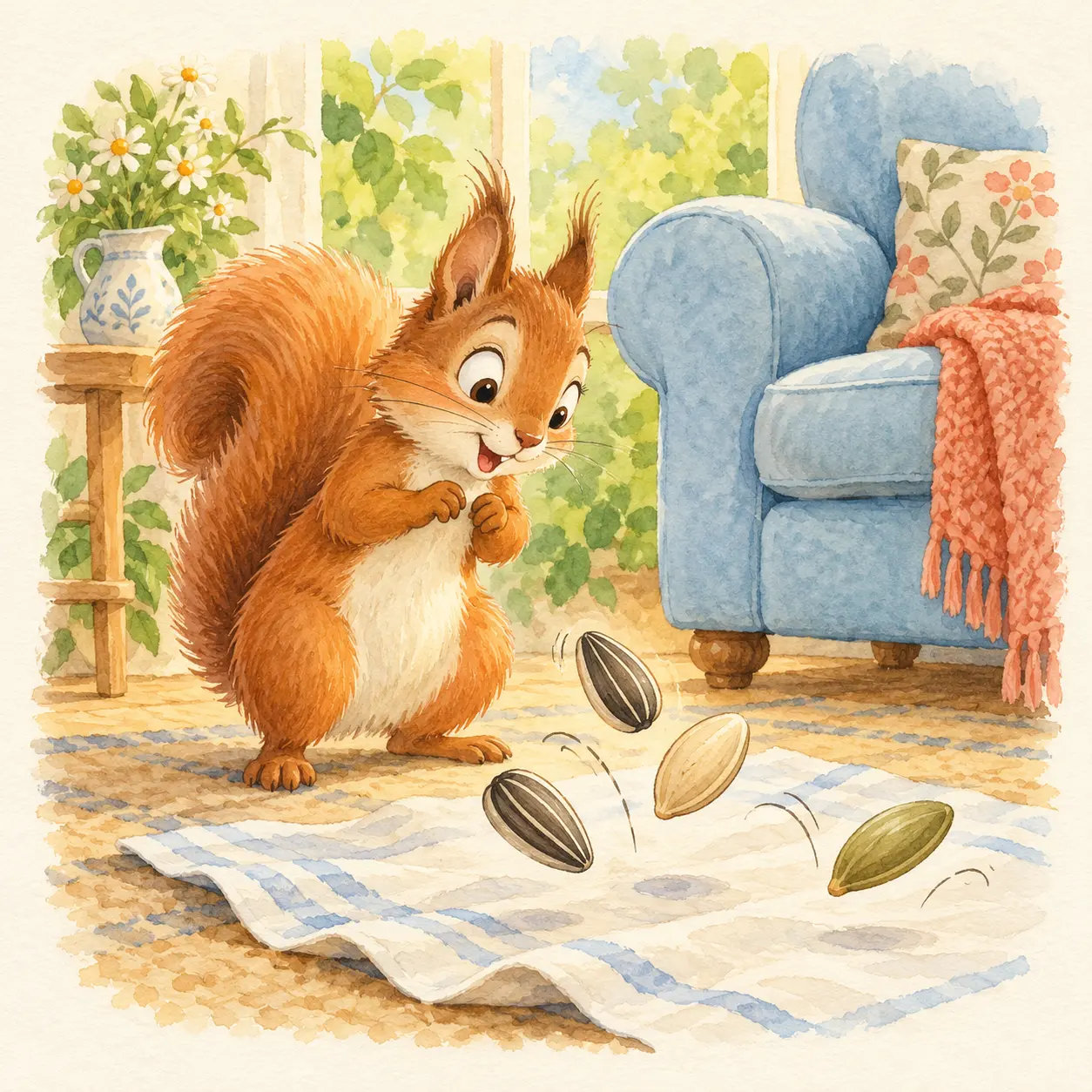Ardilla sorprendida junto a semillas sobre un sillón celeste.