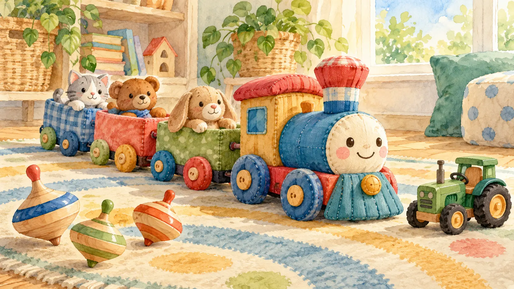 El tren de trapos y los trompos: ilustración de portada.