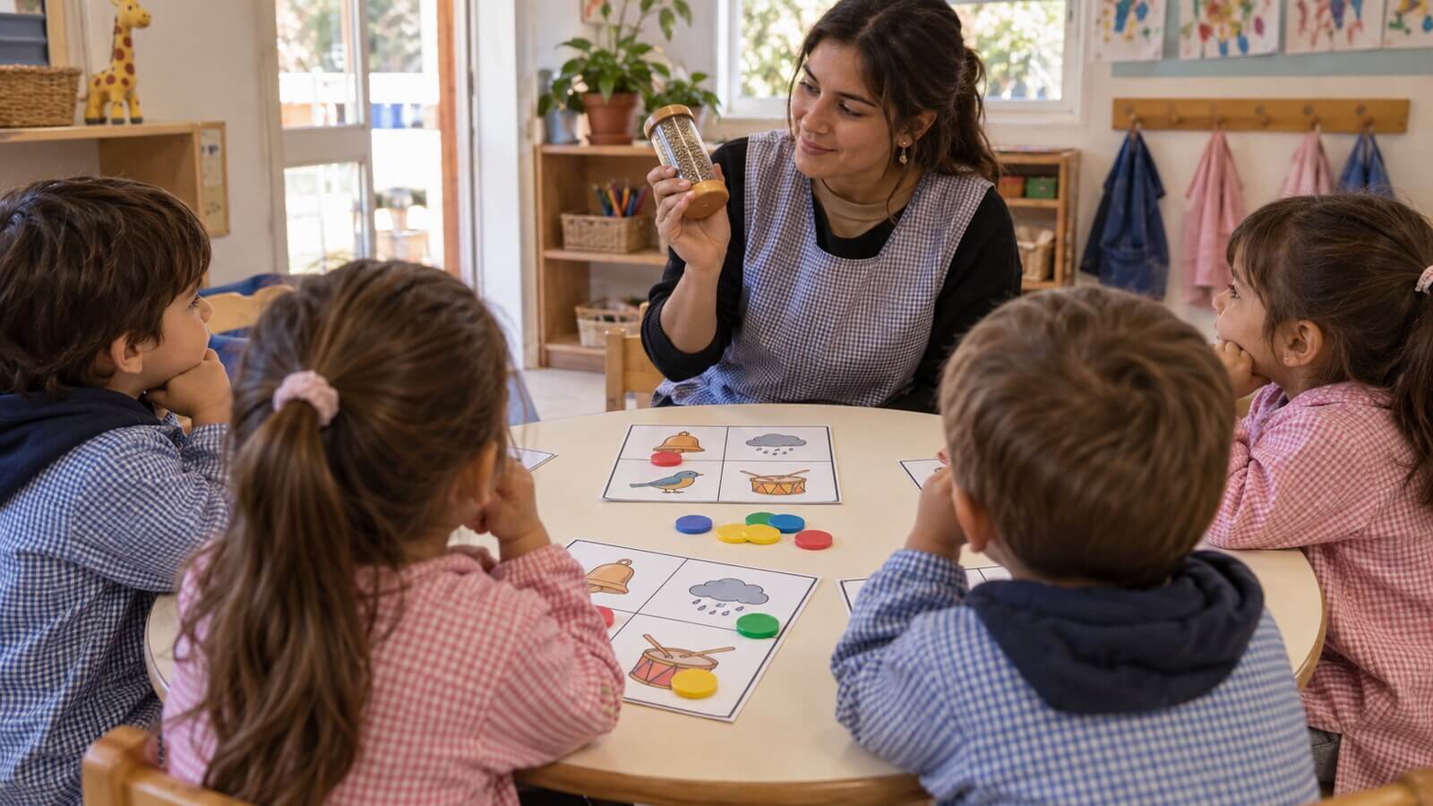 Bingo de sonidos en Nivel Inicial: cómo organizar juegos de escucha y comparación Grupo de Nivel Inicial escucha una fuente sonora y observa cartones de un bingo de sonidos