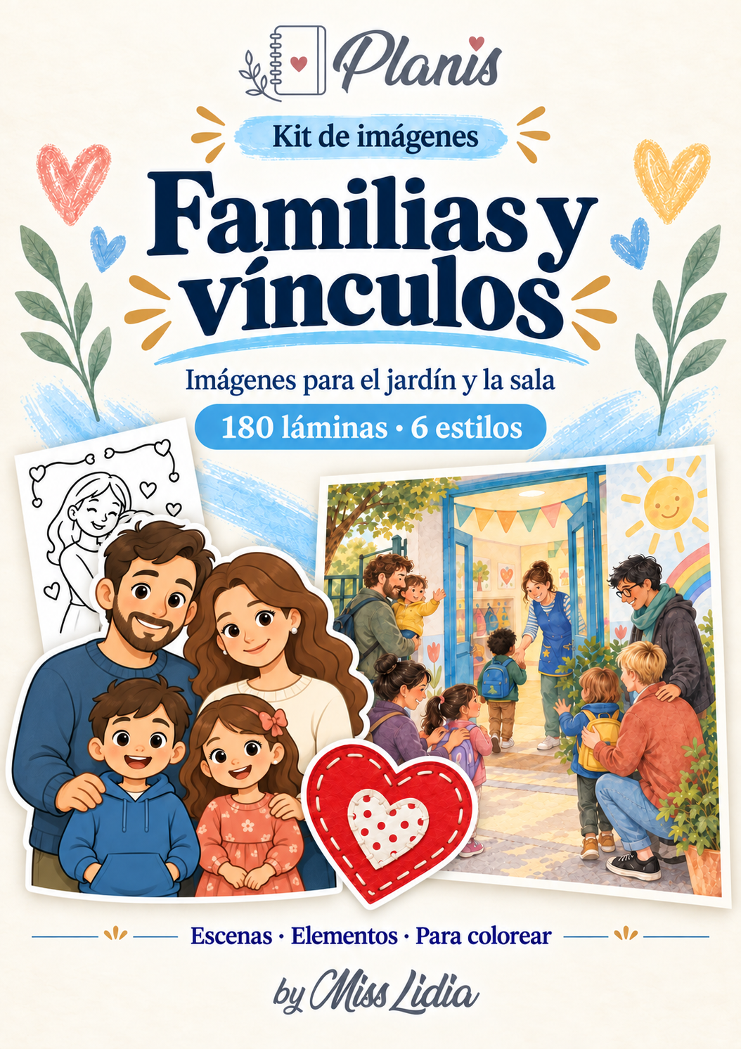 Kit de imágenes Familias y vínculos de Planis: padre, madre, hijo e hija en primer plano.