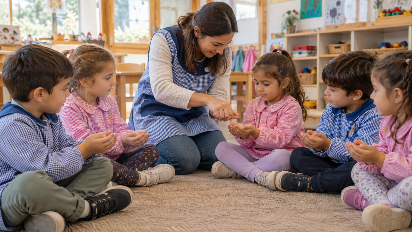 Grupo de niños sentados en semicírculo aprende el juego del anillo con acompañamiento docente.