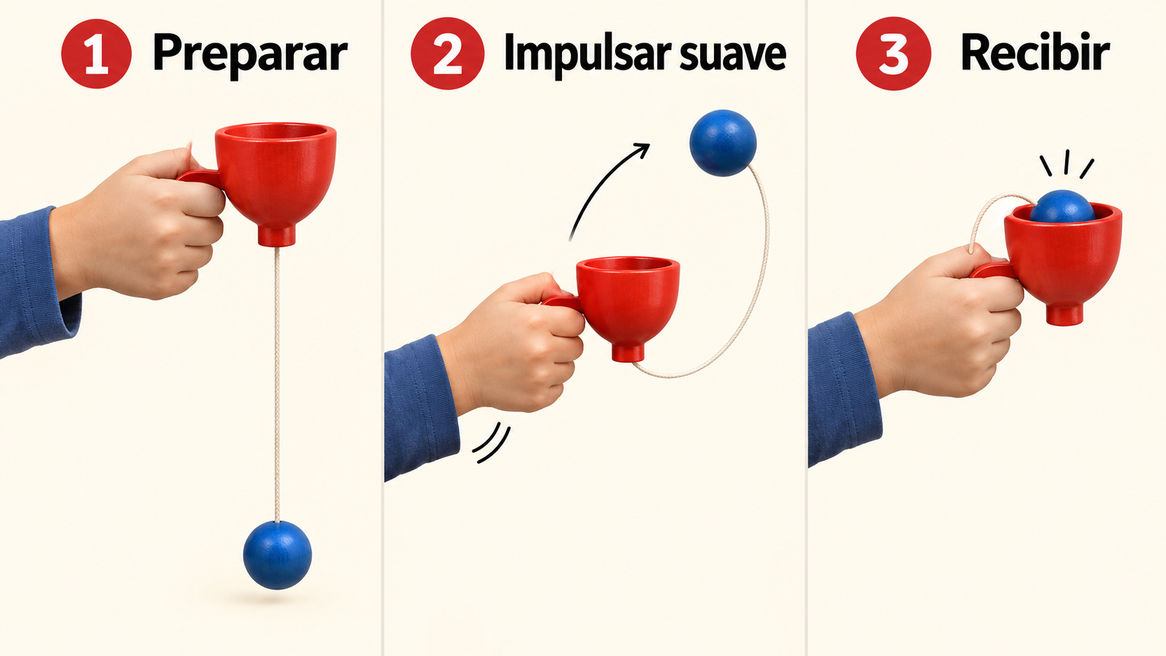 Un impulso breve y una recepción, sin hacer girar el juguete alrededor del cuerpo.