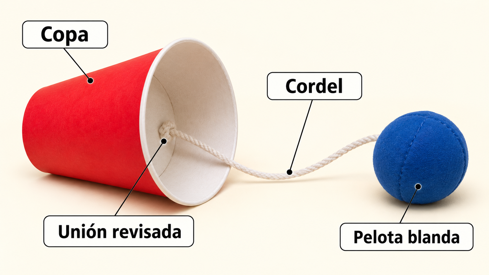 Copa, cordel y pelota: las partes del modelo liviano que se explica en esta página.
