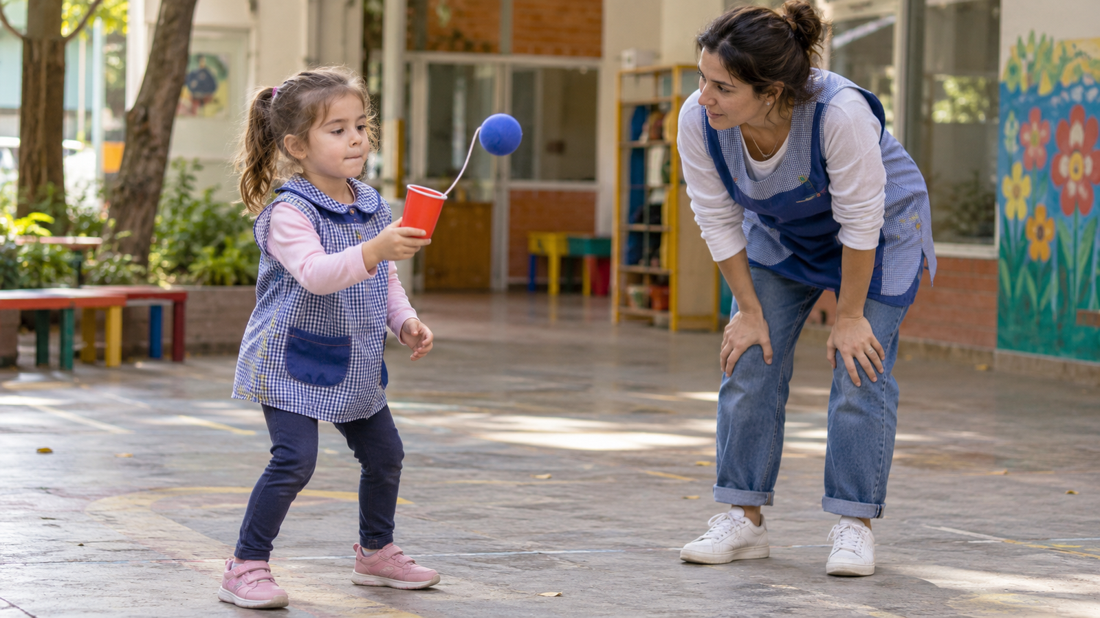 Niña practica con un balero de copa liviano y una pelota blanda cerca de una docente.