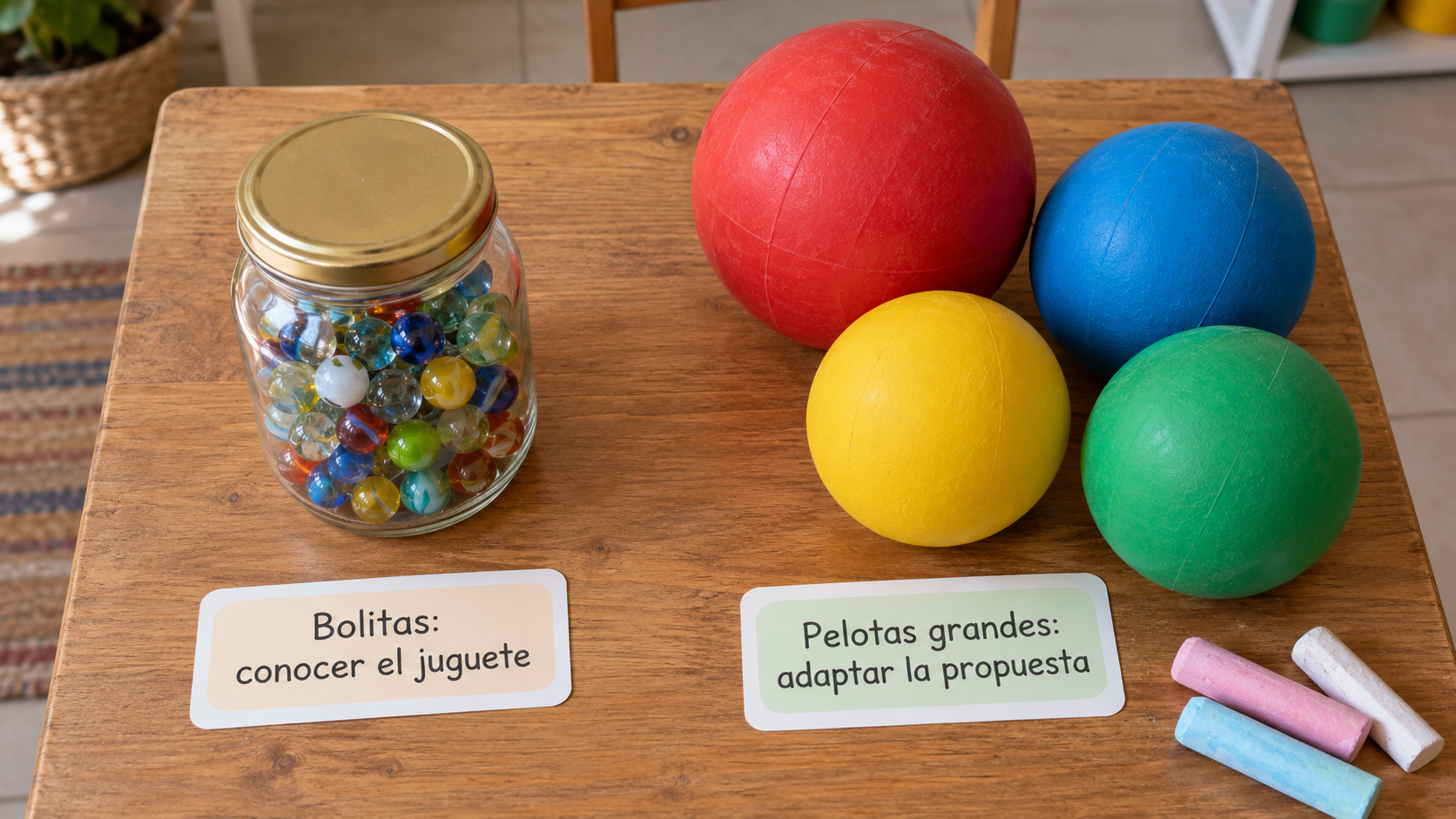Conocer las canicas no implica dejarlas disponibles para manipular: la adaptación utiliza otros materiales.