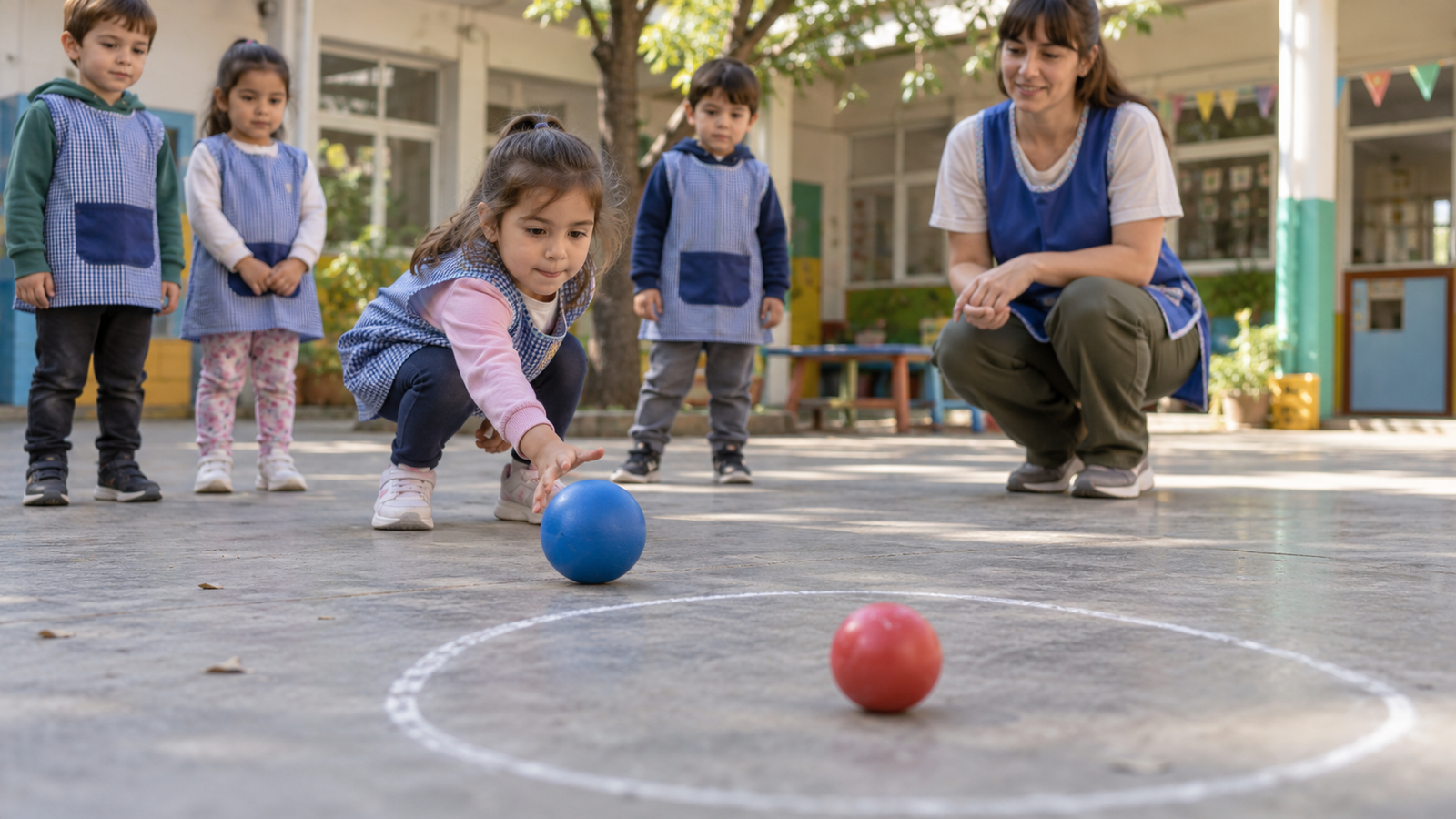 Niños practican puntería con pelotas grandes en una adaptación escolar del juego de bolitas.