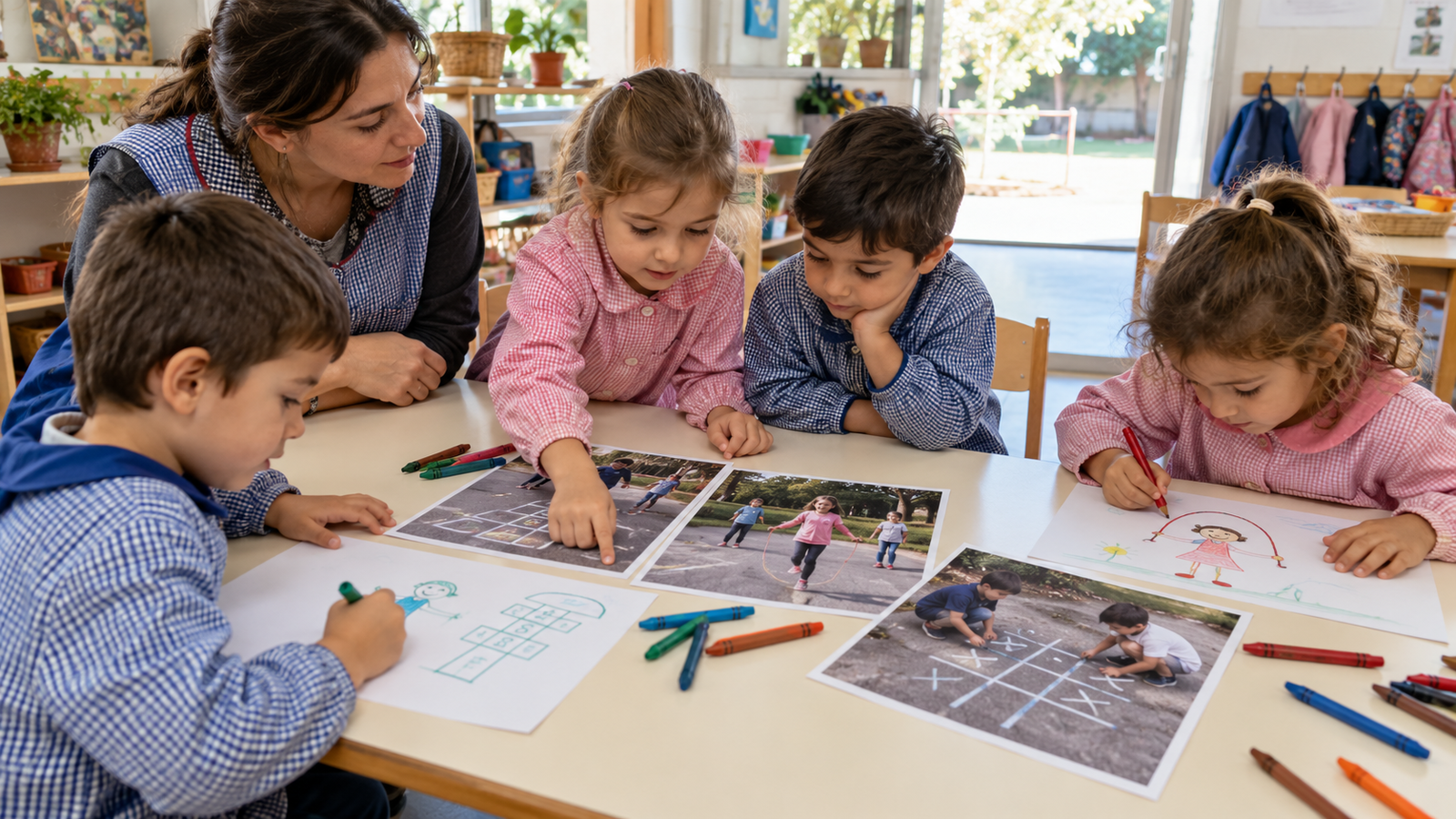 Niños observan fotografías de juegos y realizan dibujos propios en una mesa del jardín.